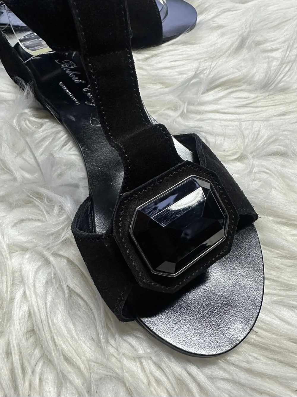 Robert Clergerie Women’s Black T-Strap Suede Sandals with Gem Accent